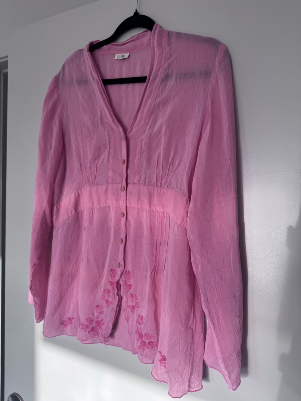 Pink Button-Front V-Neck Women’s Blouse